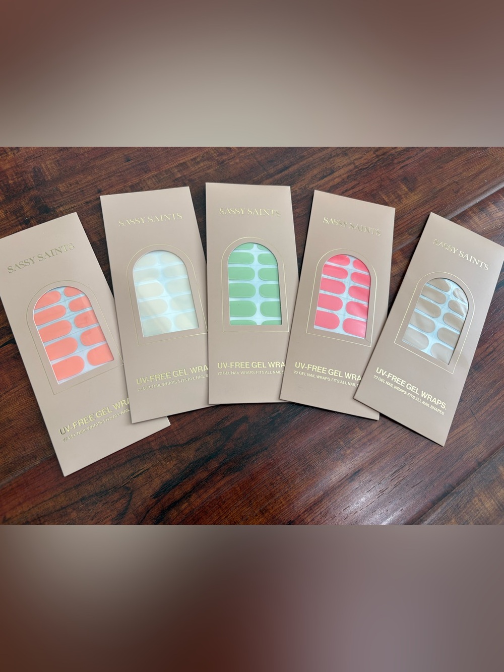 Sassy Saints UV-Free Gel Nail Wraps - Pastel Mint, Coral, Cream - set of 5